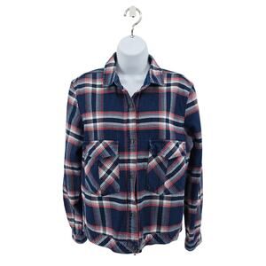 Zara Woman Blue Red Plaid Button Up Shacket Womens M Flannel Long Sleeve Cotton